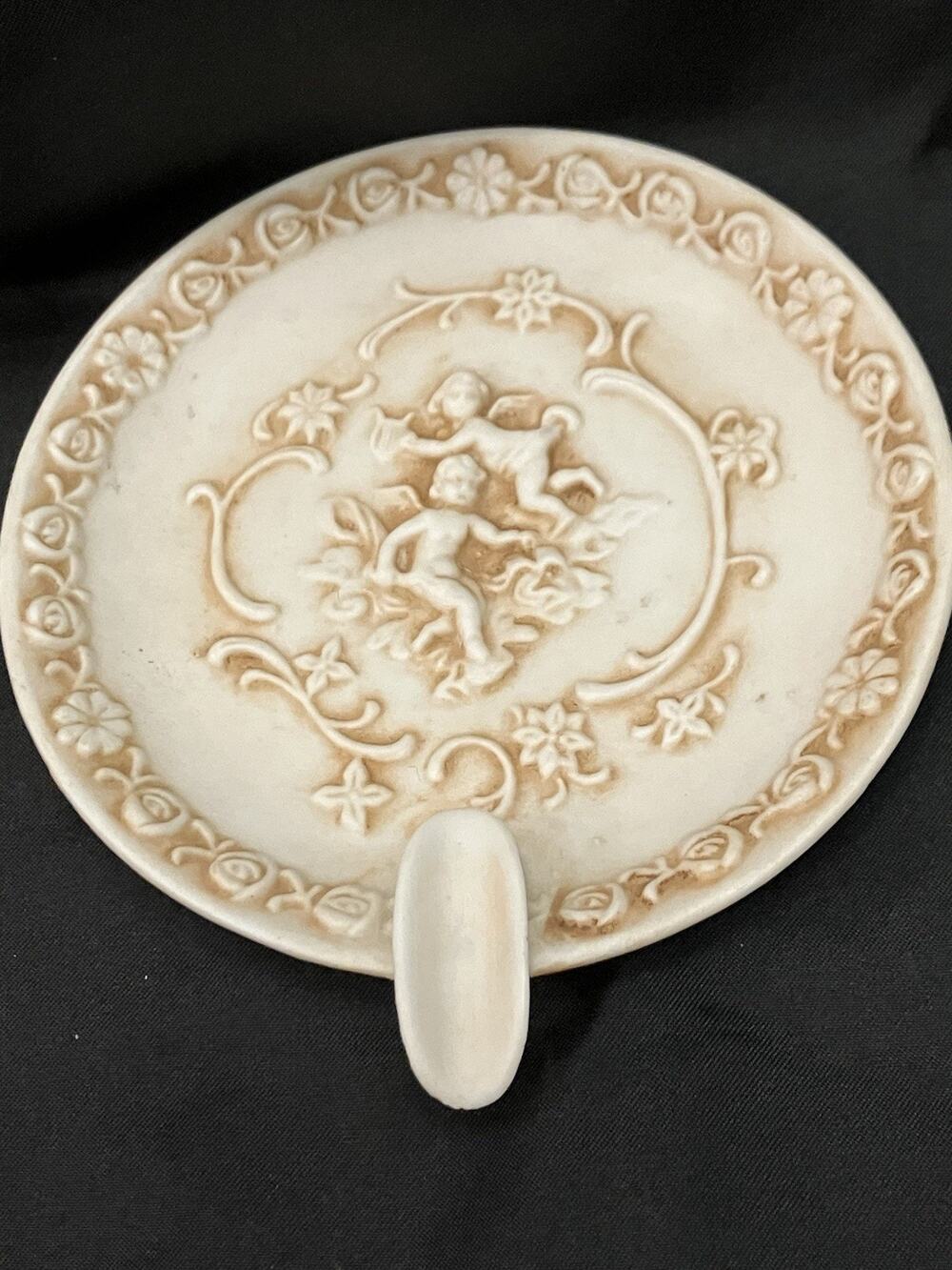 VTG Lefton Bisque Ivory Porcelain Cigarette Cigar Ashtray Trinket Cherub Floral